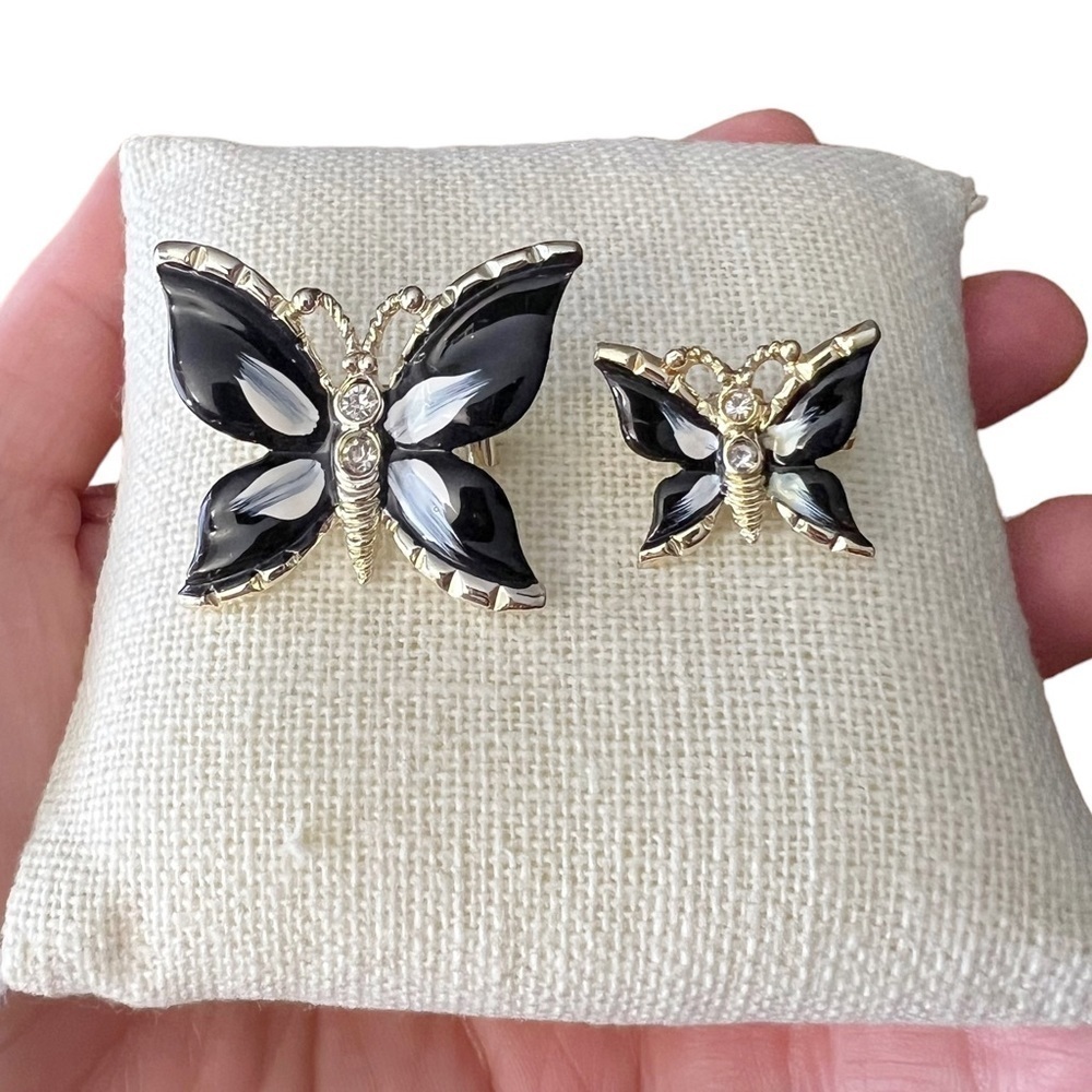 Vintage Butterfly Black & White Enamel Gold Tone Rhinestone Scatter Figural Pins